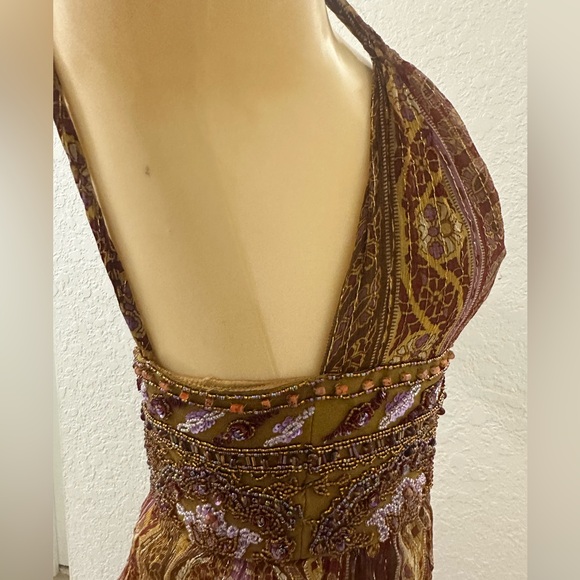 Y2K Vintage Boho Dolce Jovani Silk Beaded Front Slit Earth Tomes Size 4 Dress - Picture 8 of 16